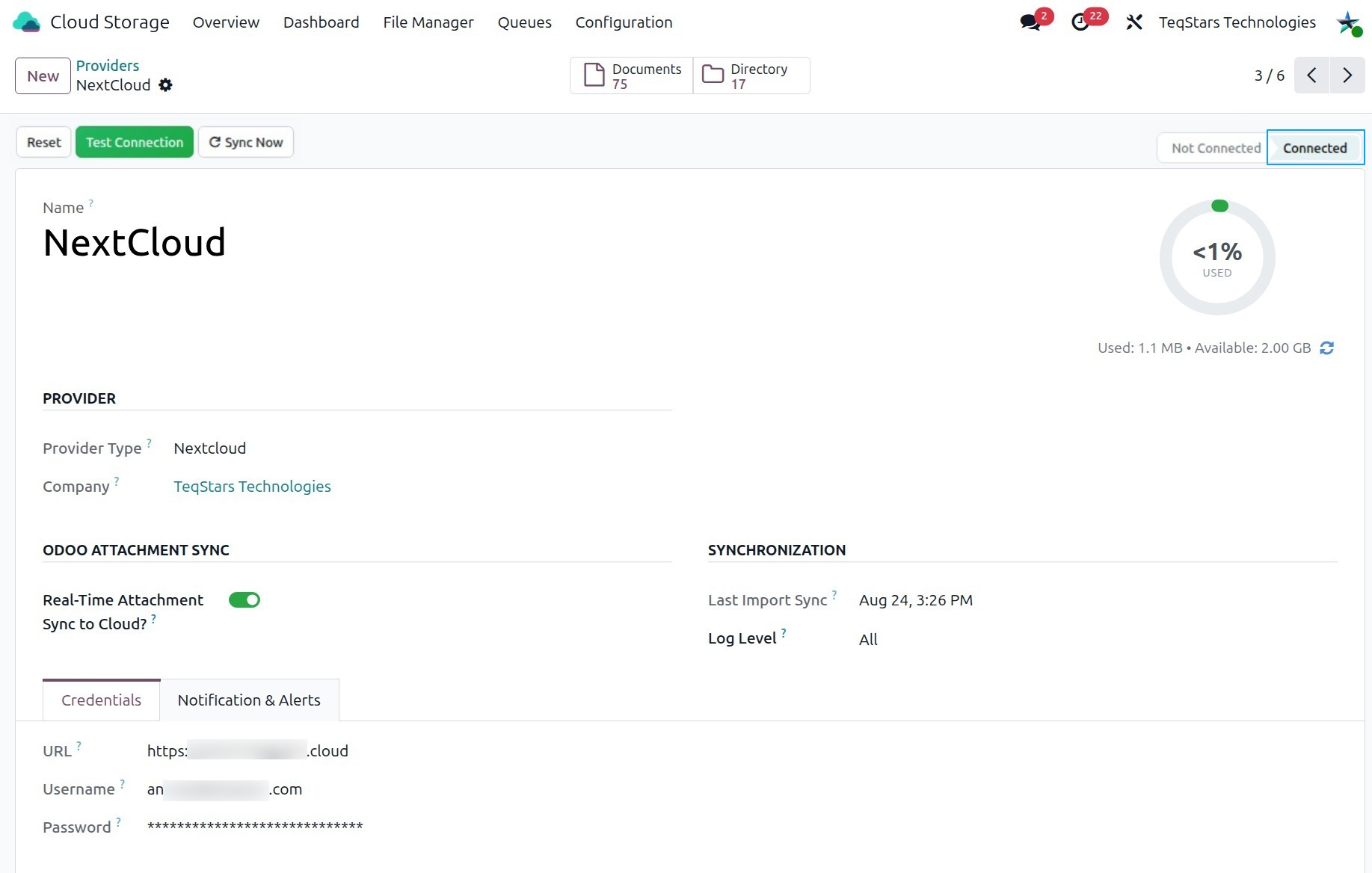 Connected Nextcloud provider in Odoo showing the storage gauge and Sync Now