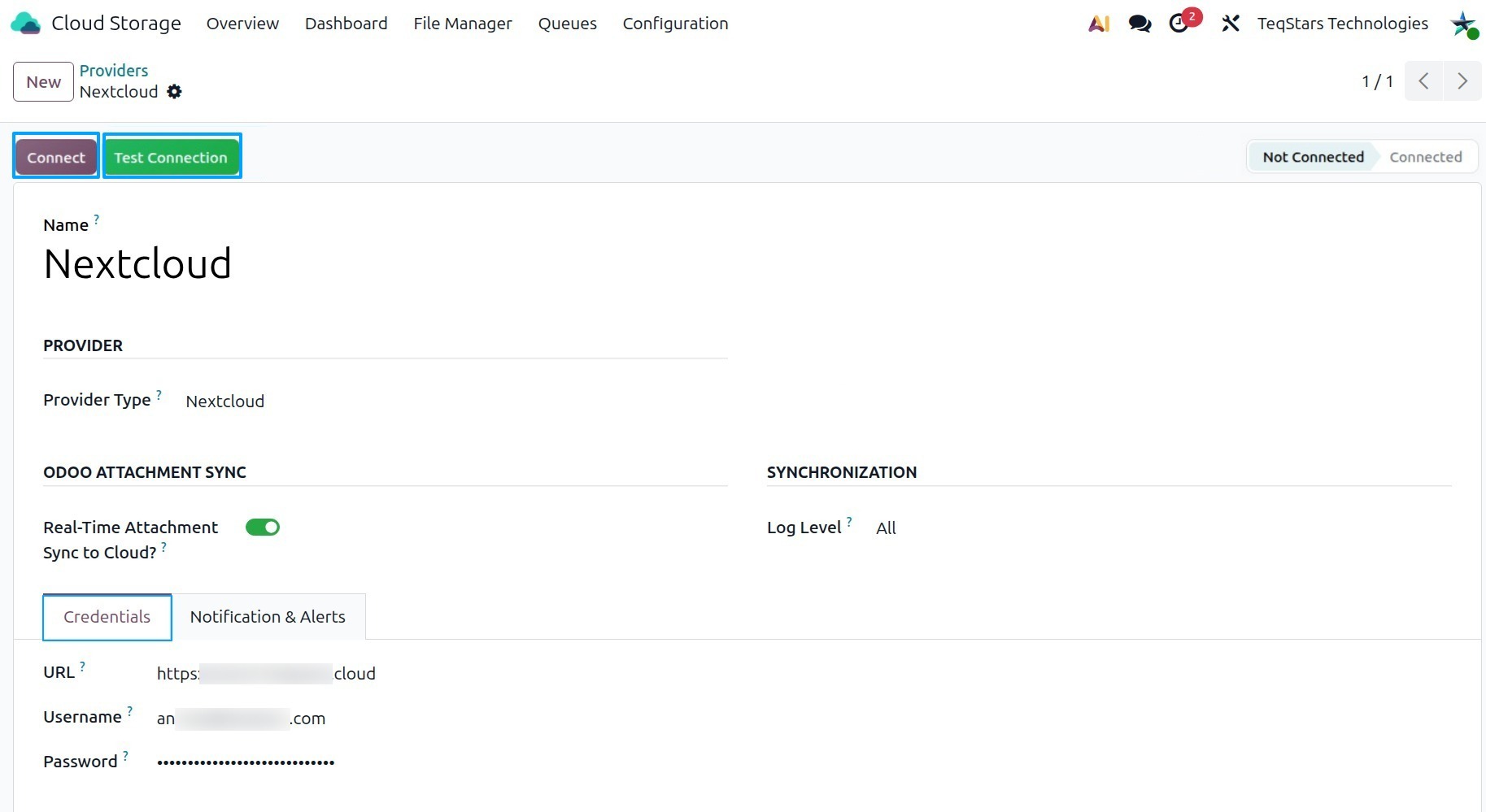 Nextcloud provider form in Odoo with the URL, username and app password filled in