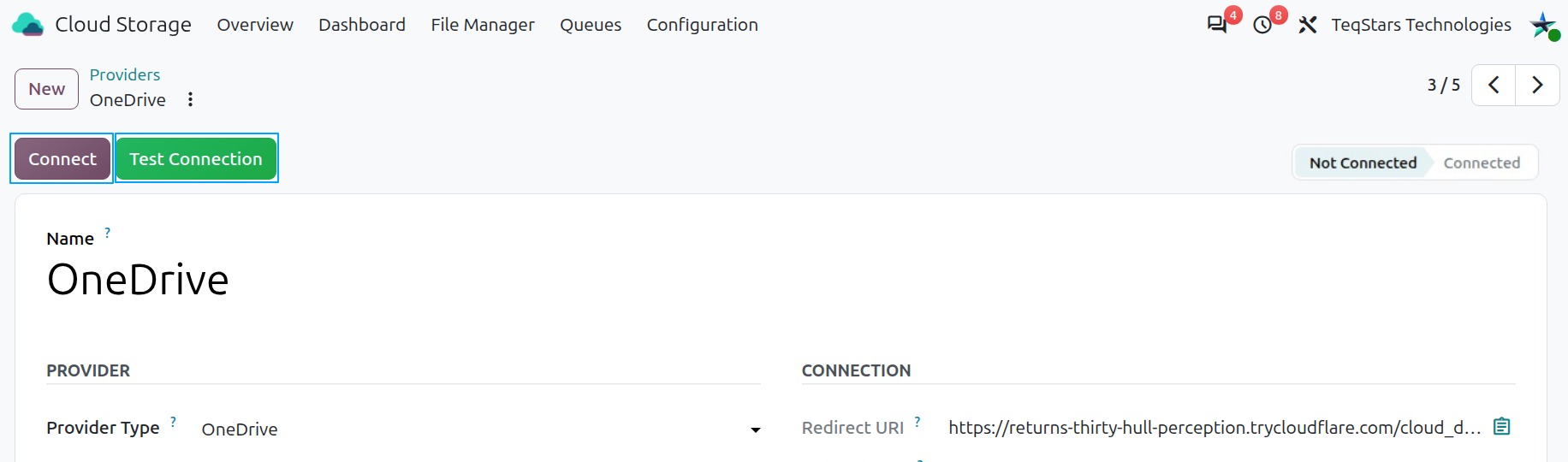Connect and Test Connection buttons in the header of the OneDrive provider