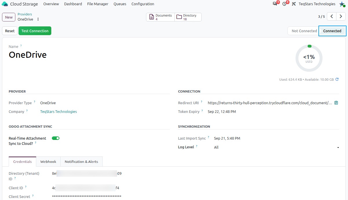 Connected OneDrive provider in Odoo showing the storage gauge