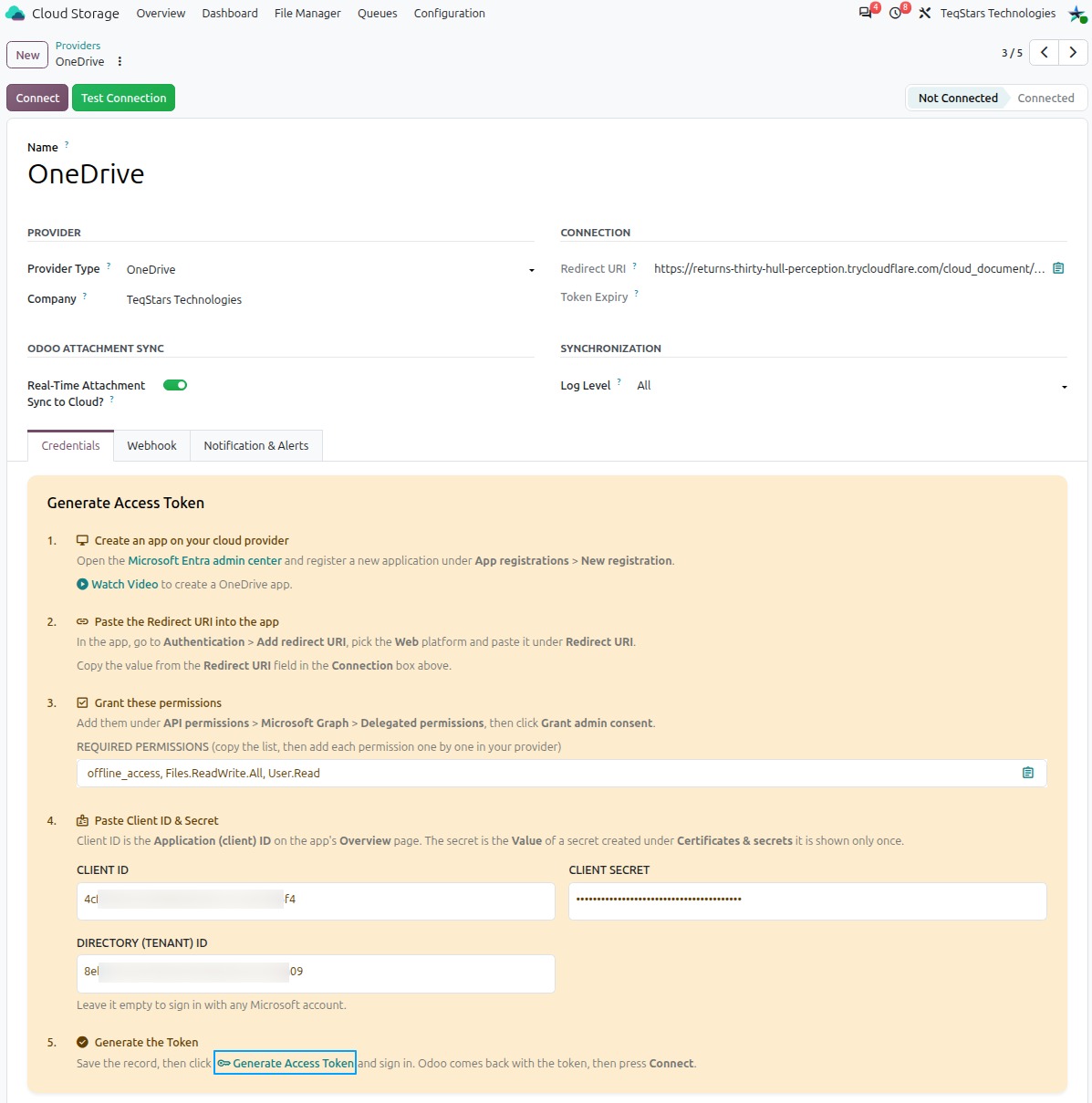 Generate Access Token on the Credentials tab of the OneDrive provider