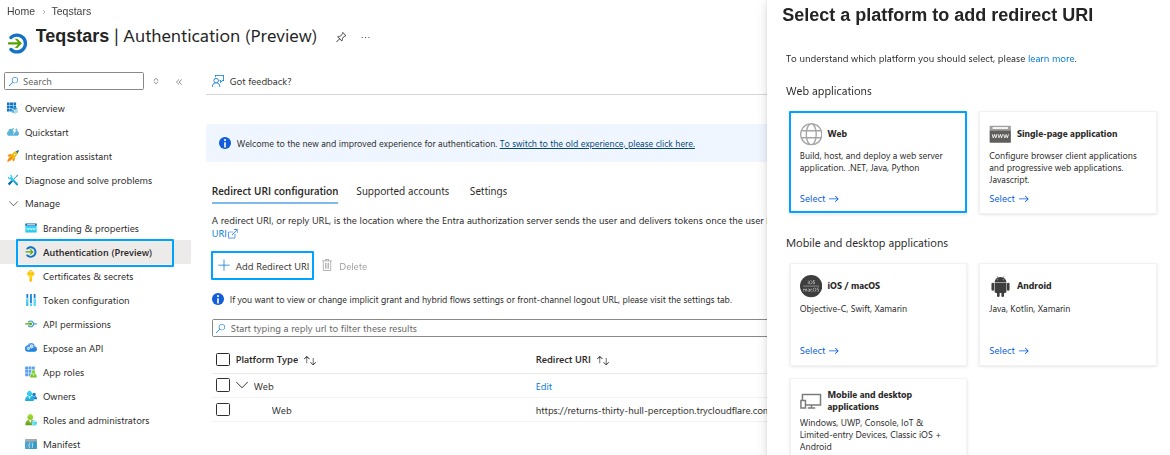 Adding a Web platform redirect URI in the Microsoft Entra app registration