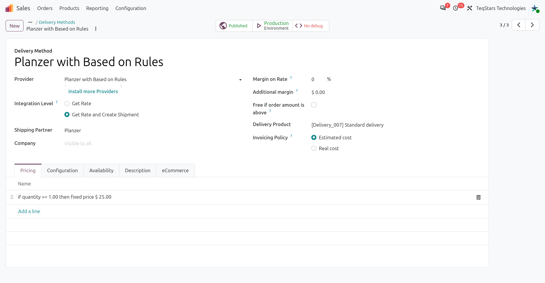 Configuring Pricing Rule in the Planzer Delivery Method with Based on Rule.