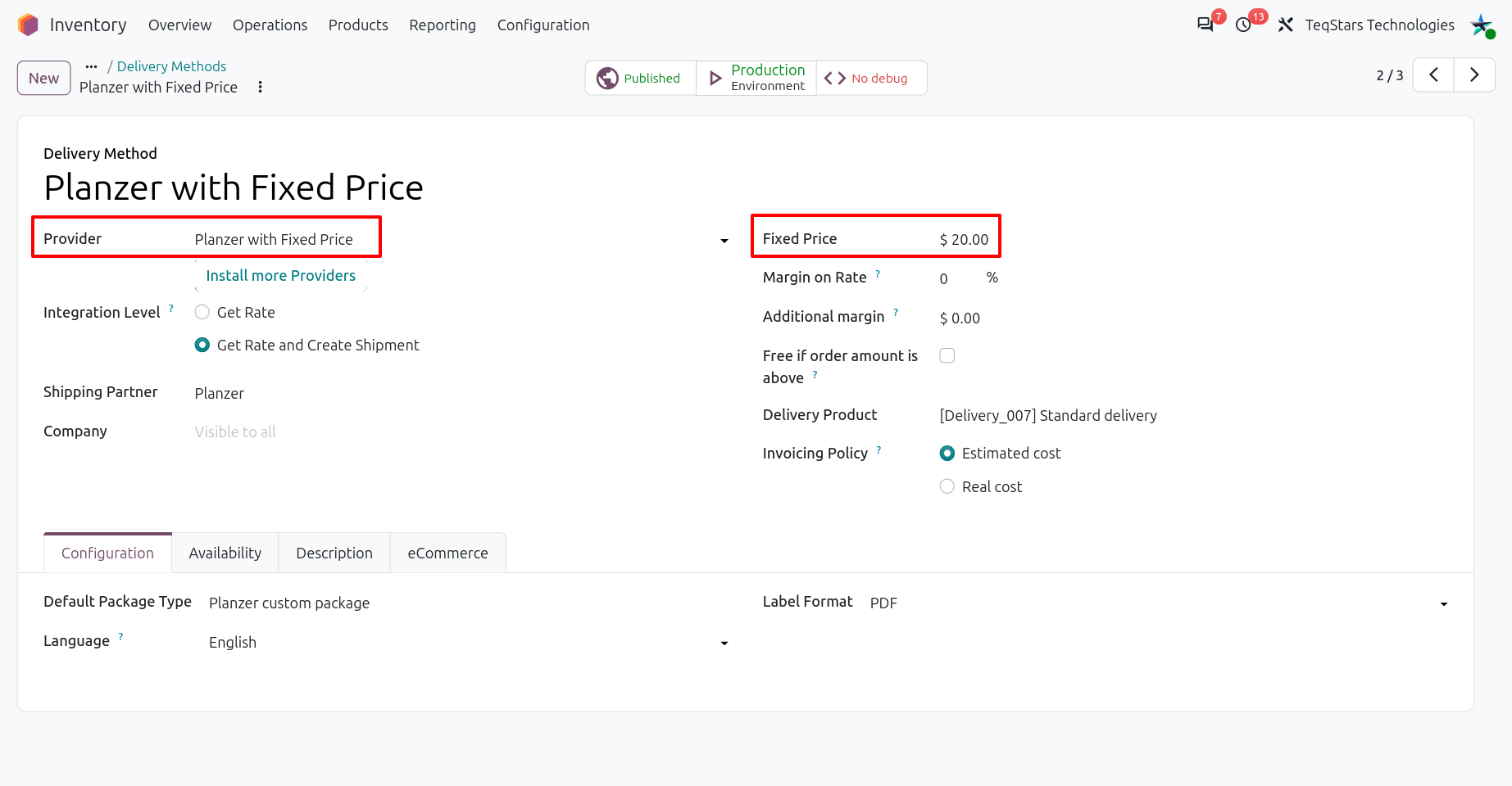 Configuring the Planzer Delivery Method with Fixed Price.