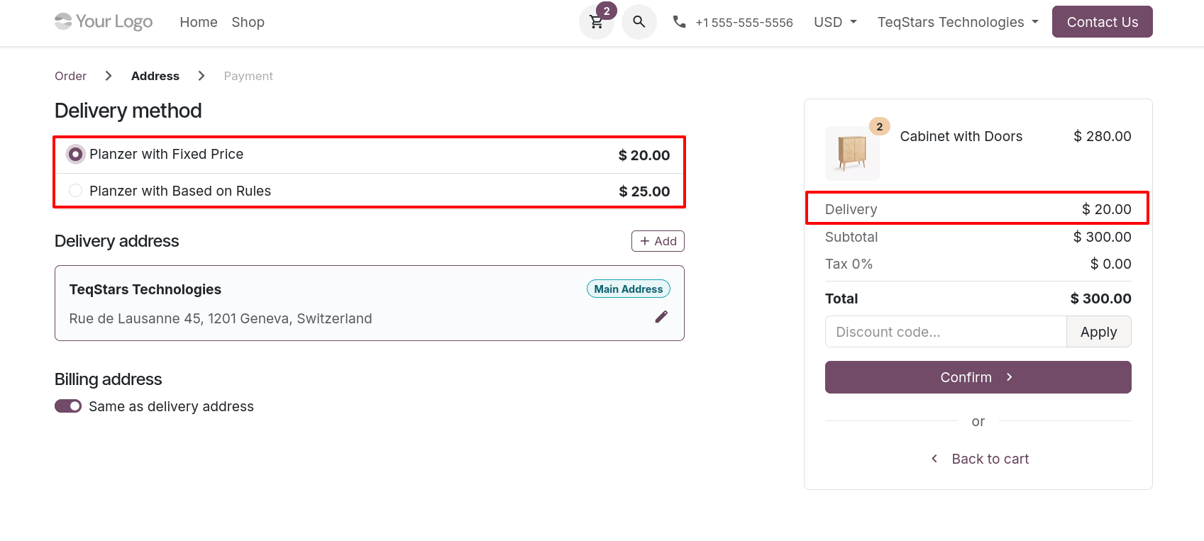 Website Order Using Planzer Delivery Method.