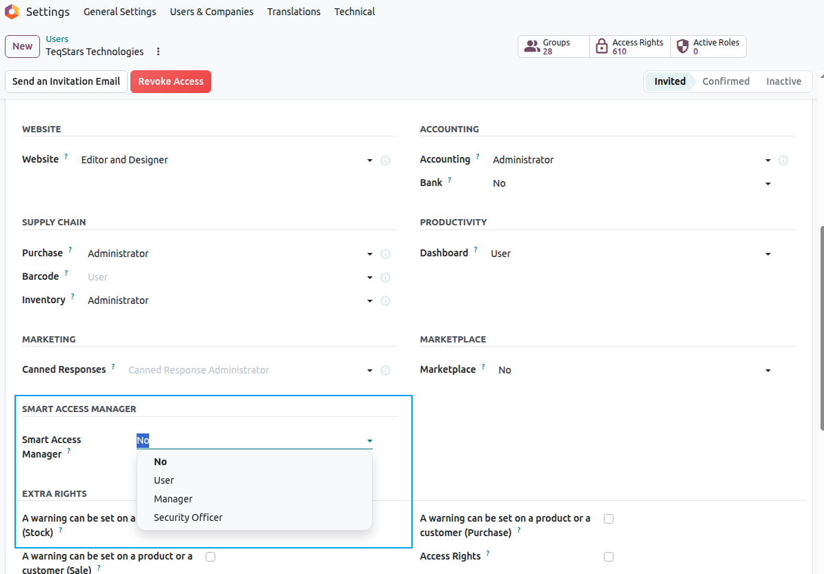 Smart Access Manager access rights on the user form