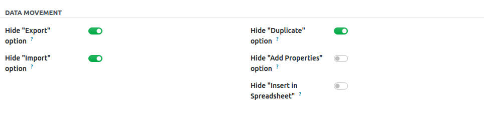Actions menu and data movement configuration