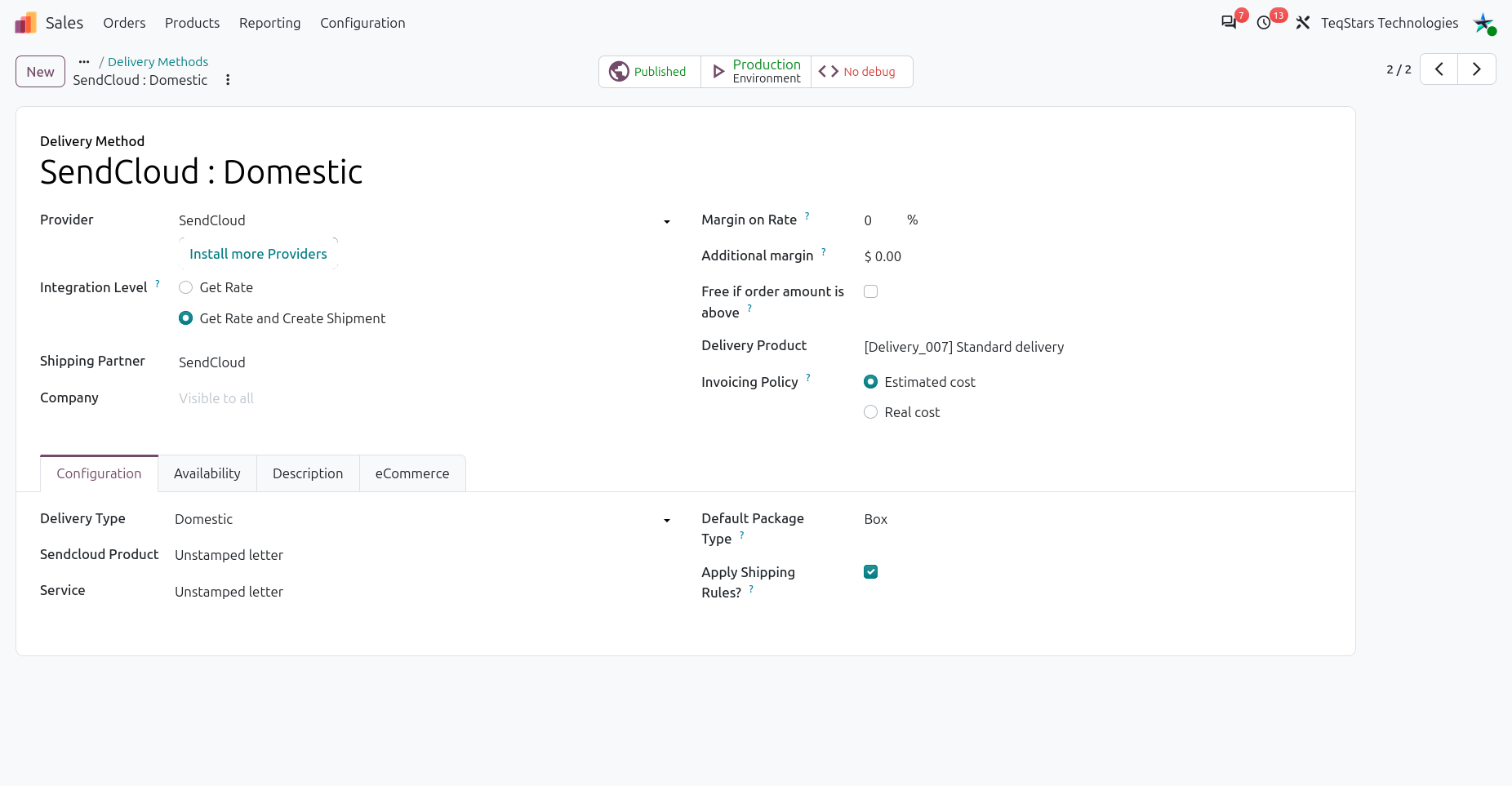 Sendcloud Delivery Method Configration