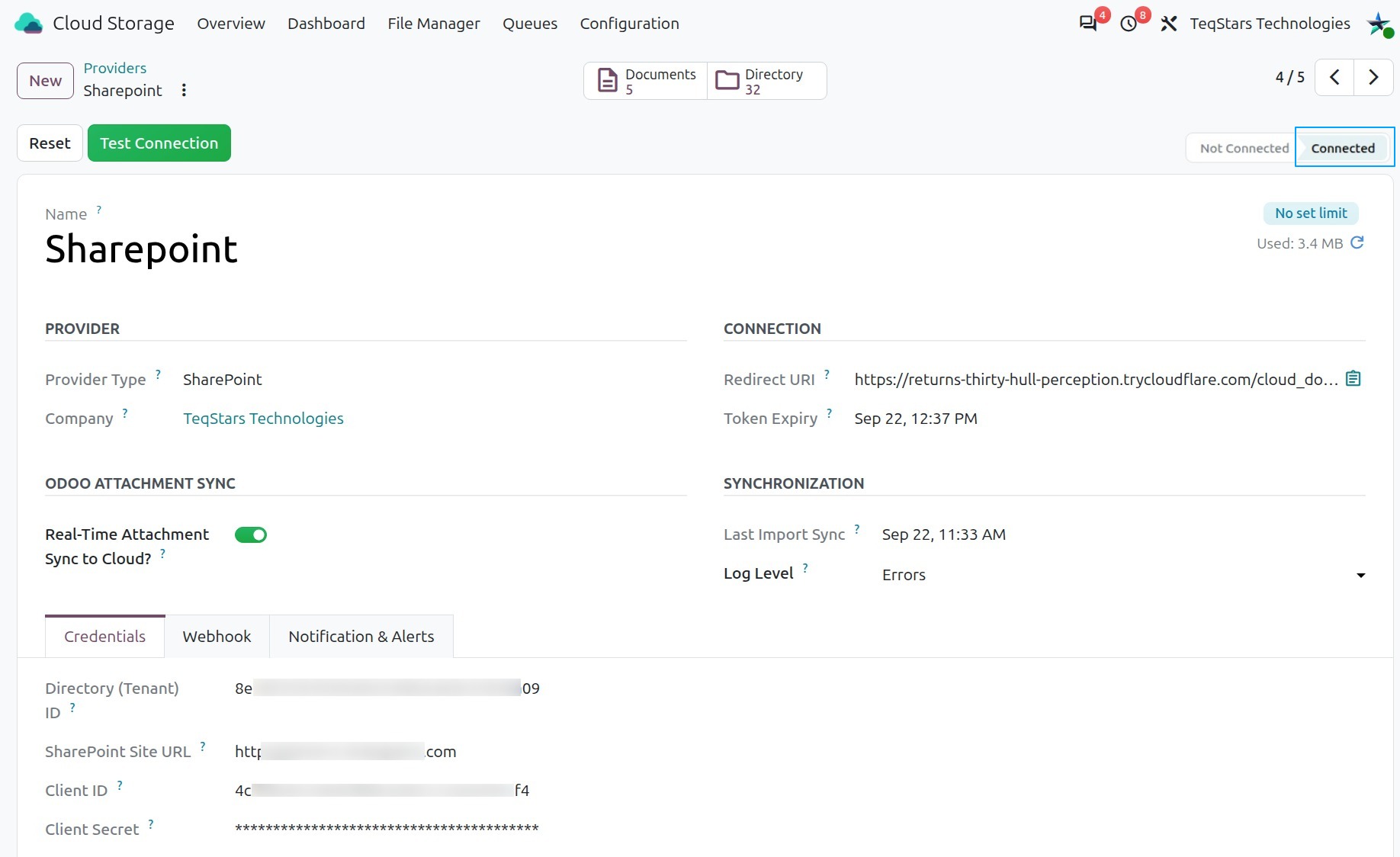 Connected SharePoint provider in Odoo showing the storage gauge
