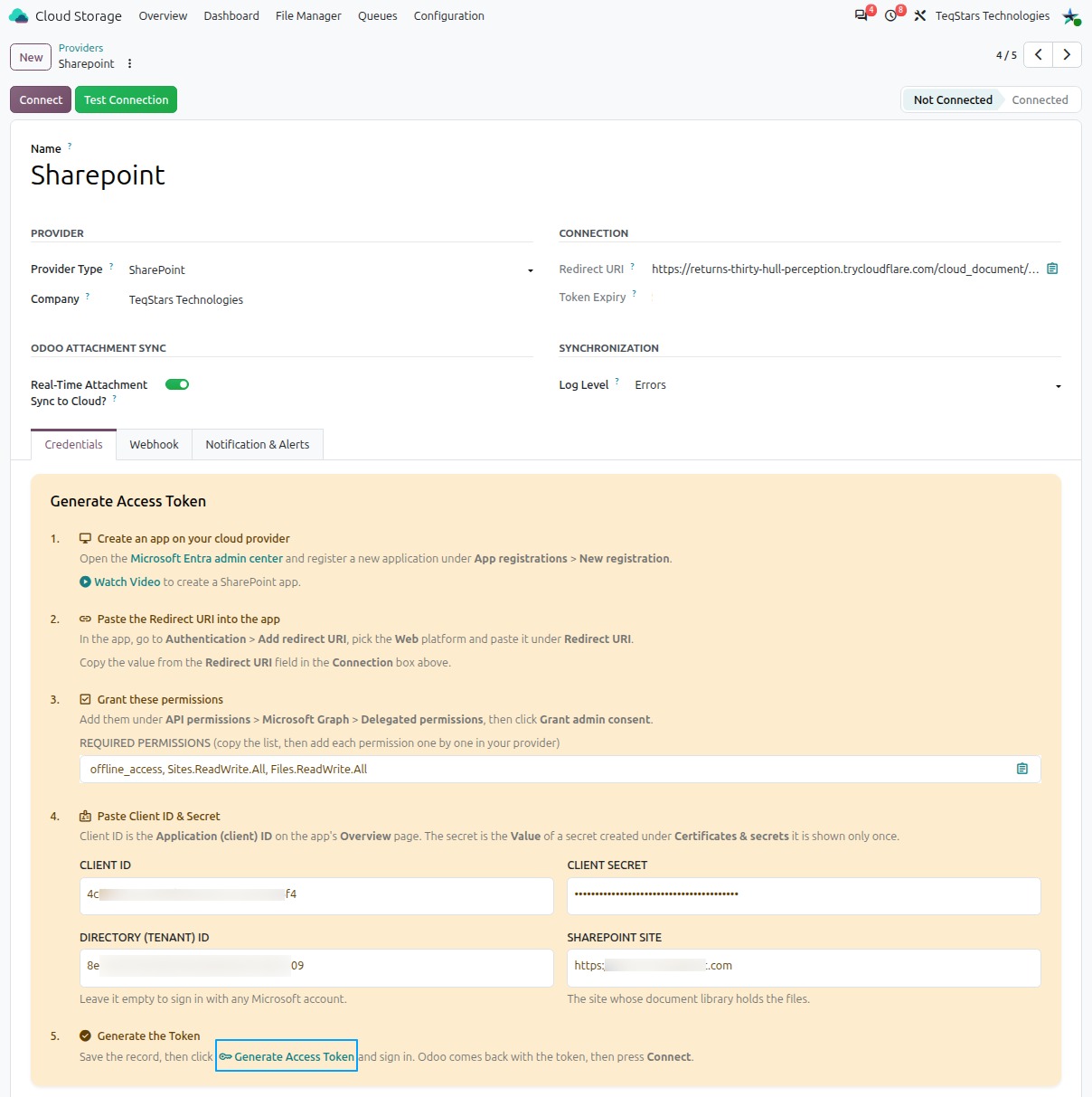 Generate Access Token on the Credentials tab of the SharePoint provider