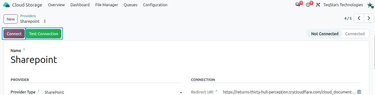 Connect and Test Connection buttons on the SharePoint provider form