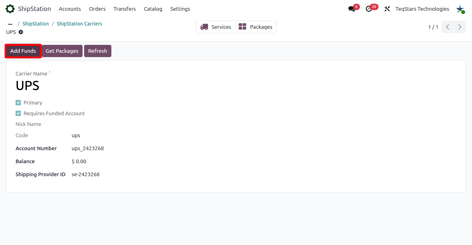 Add Funds button on the carrier form