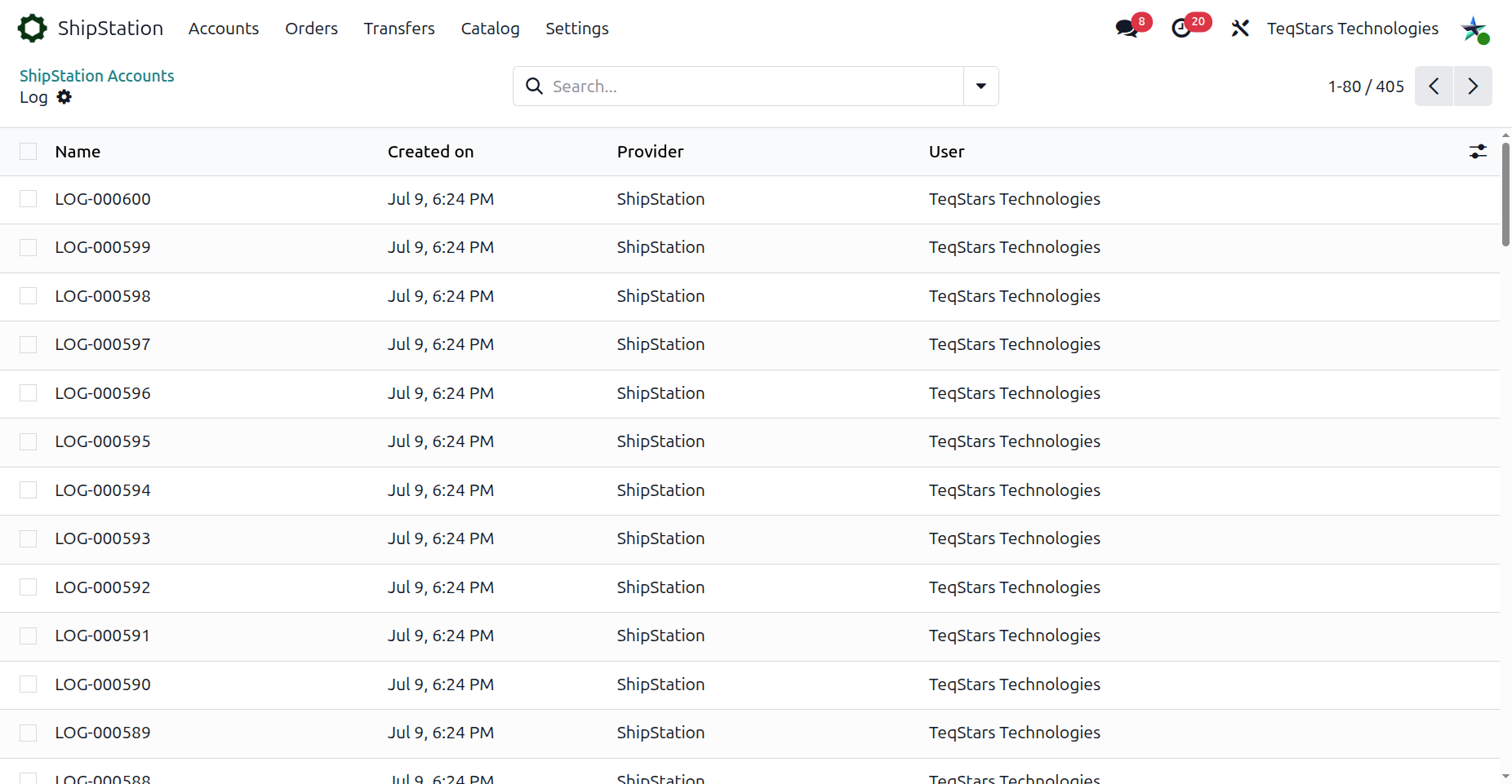 ShipStation activity log list view filtered by account