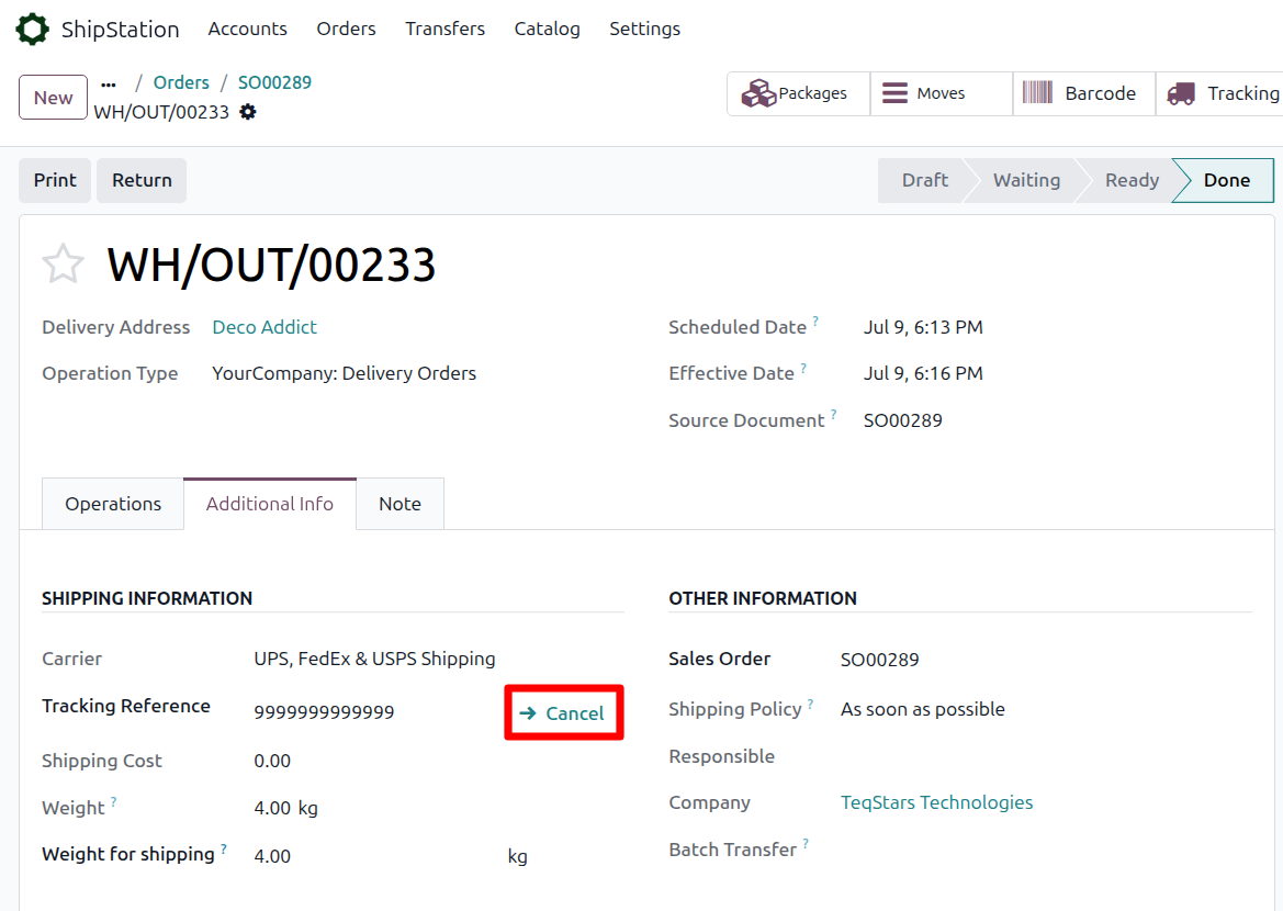Cancel link next to the Tracking Reference field on the delivery order