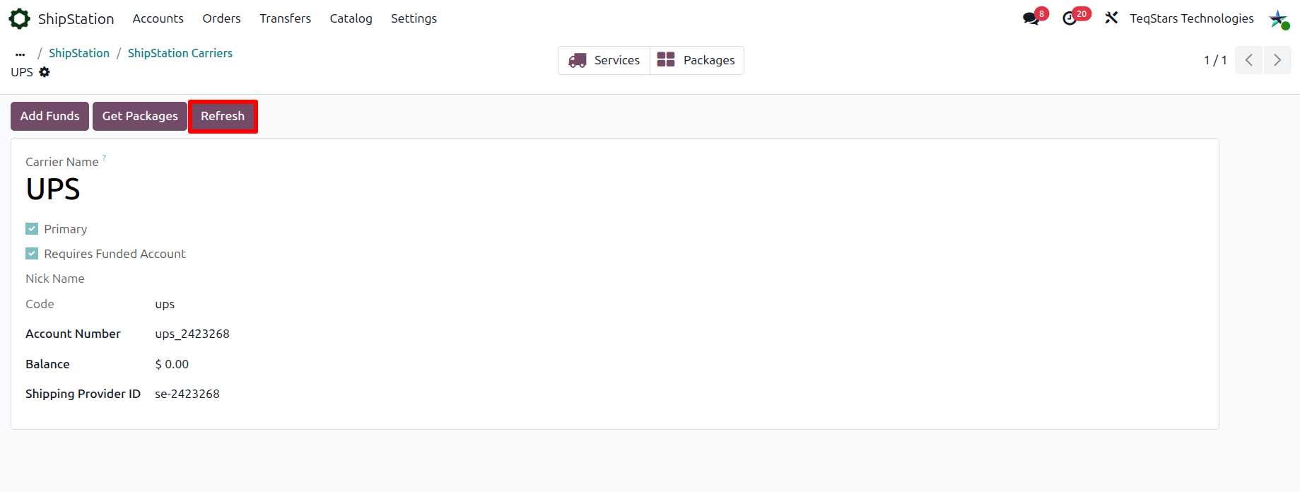 Carrier form with Refresh, Services, Packages, and Add Funds buttons