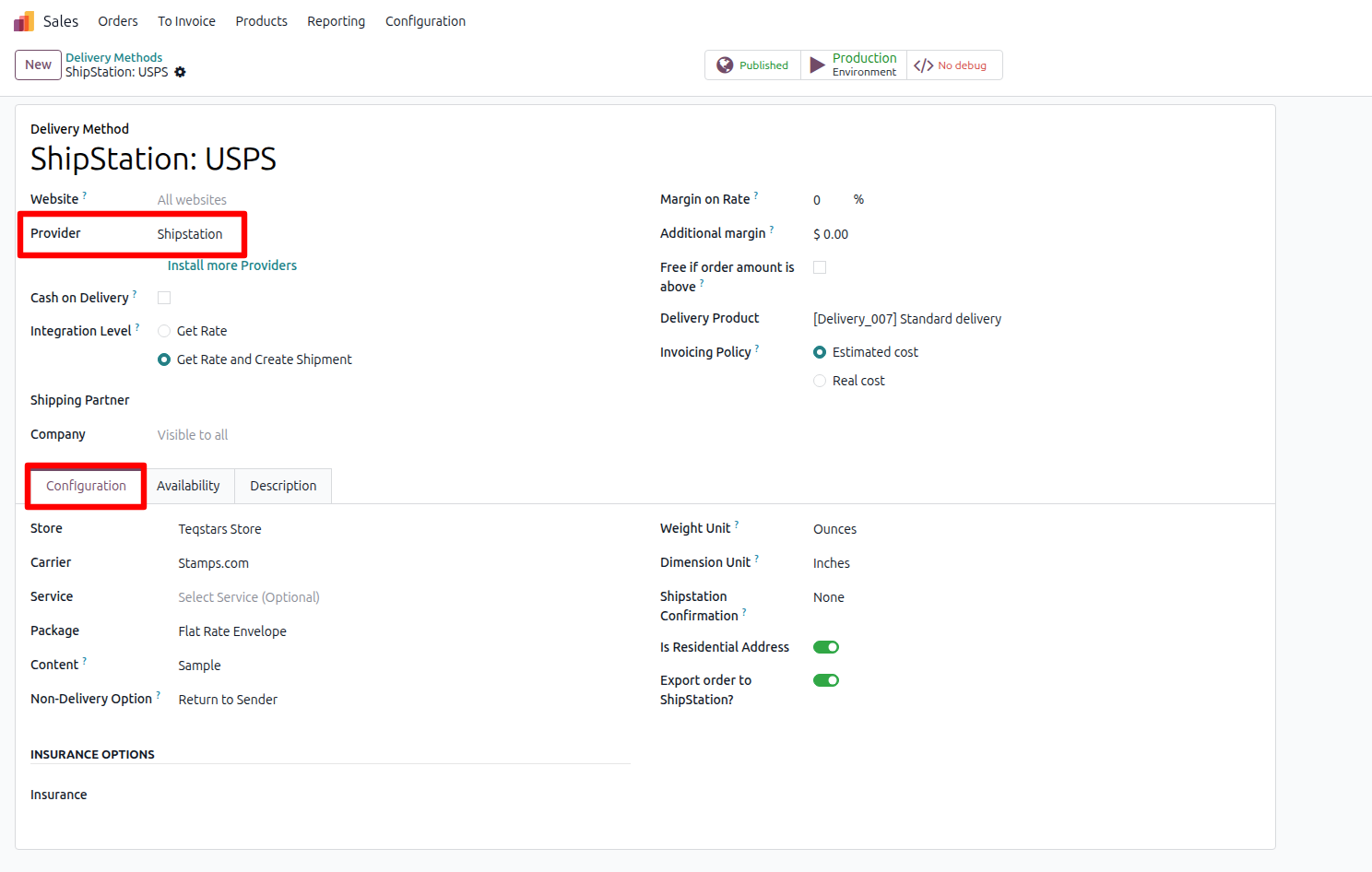 Delivery method form with Provider set to ShipStation