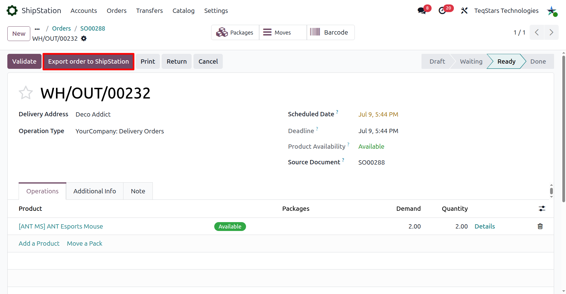 Export order to ShipStation button on the delivery order