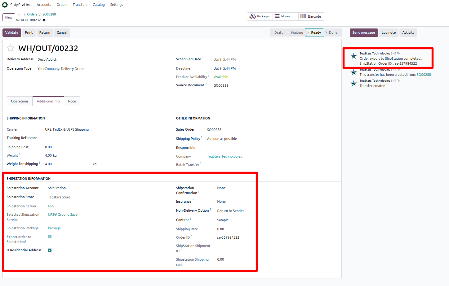 Exported delivery with ShipStation Order ID populated and chatter confirmation message