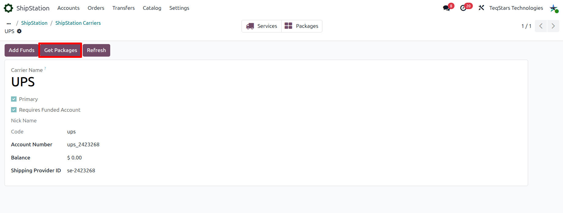 Get Packages button on the carrier form