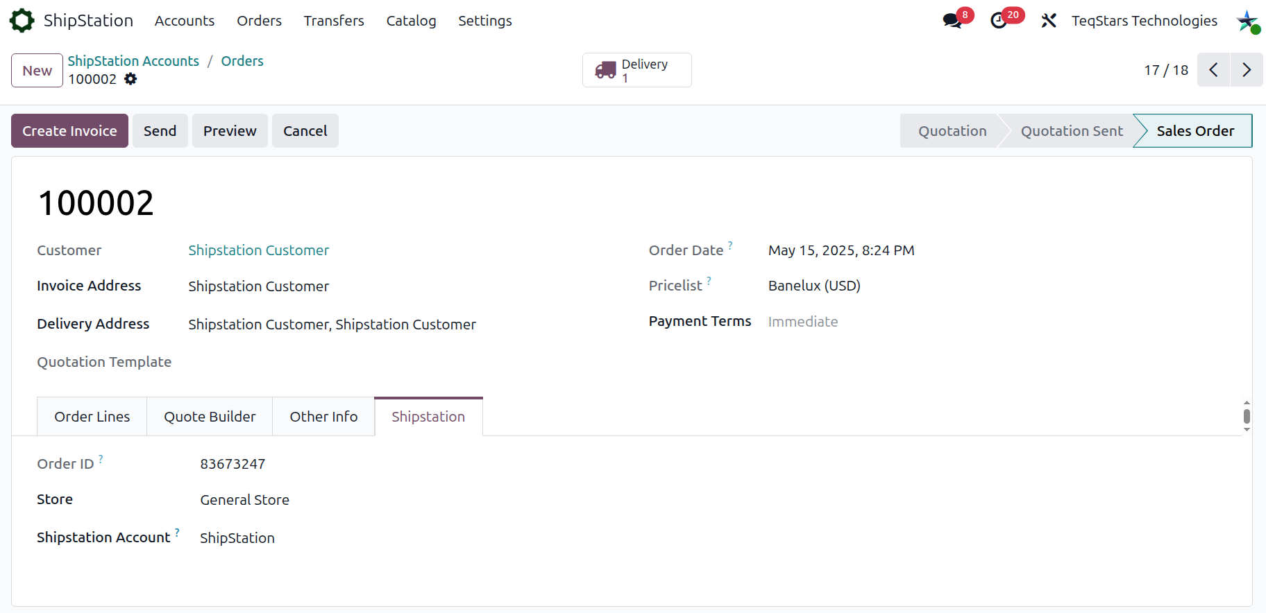 Imported sales order with the ShipStation Order ID, Account, Store, and Service fields populated