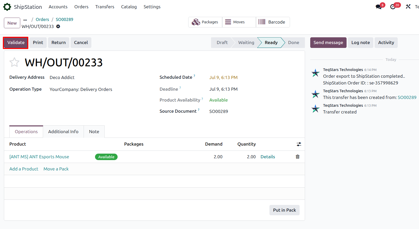 Validate button on the delivery order