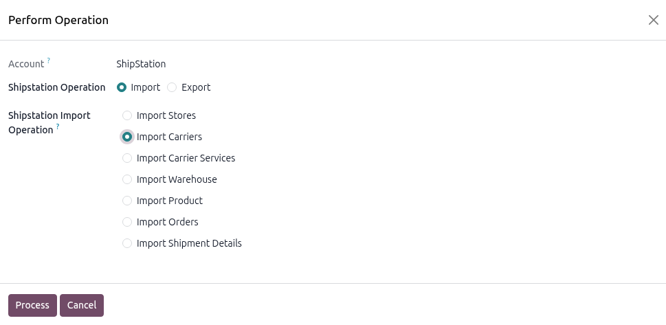 Operations wizard set to Import Carriers