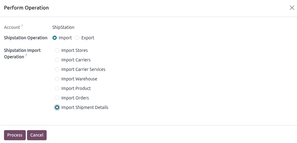 Operations wizard set to Import Shipment Details