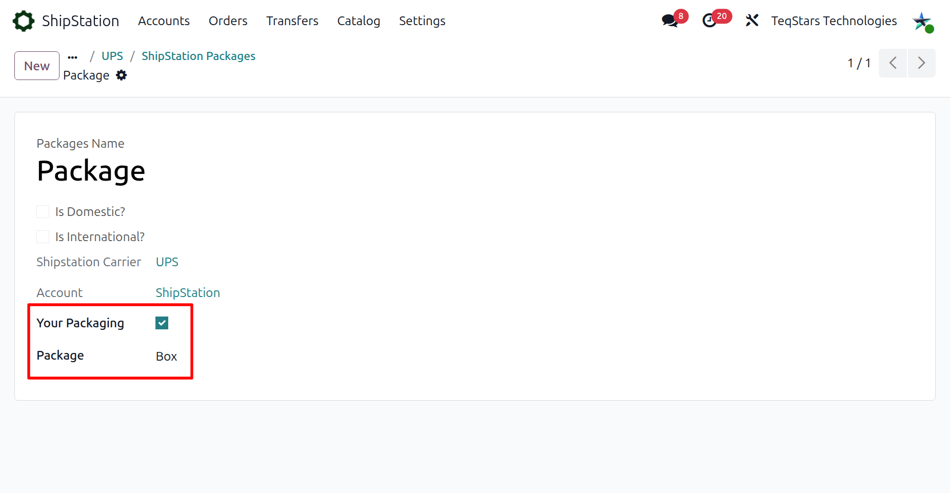 Package form showing Your Packaging checkbox and Package link