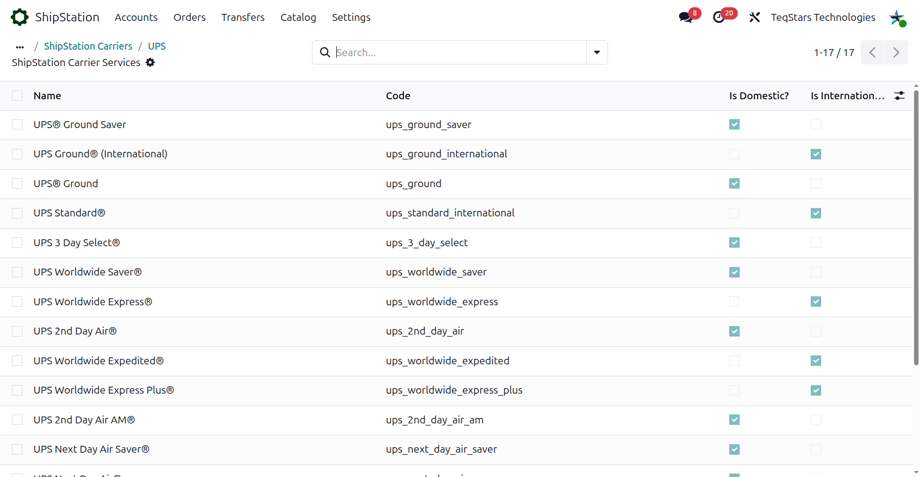 Imported carrier services list view