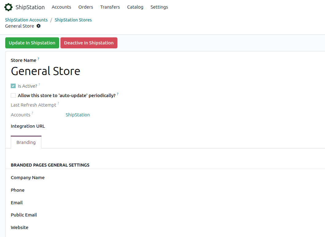 Store form with Update In Shipstation, Reactivate In Shipstation, and Deactive In Shipstation buttons