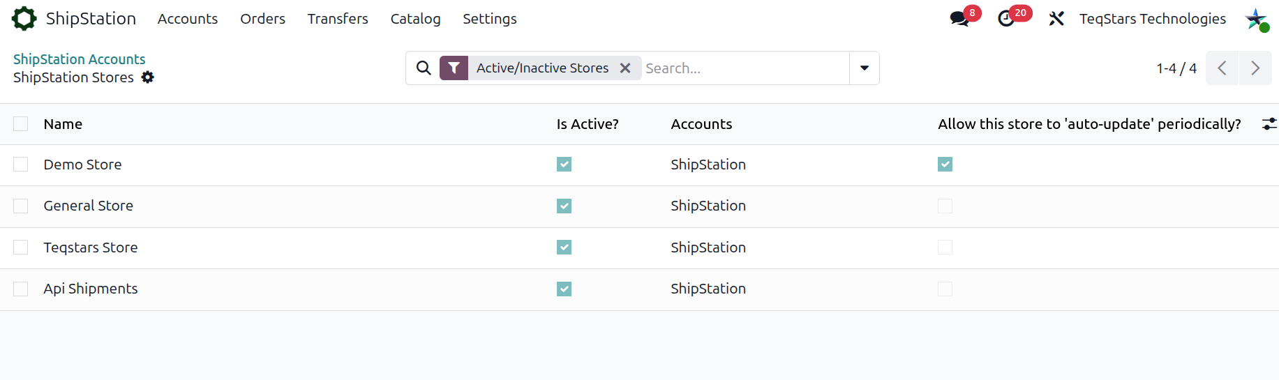 Imported ShipStation stores list view