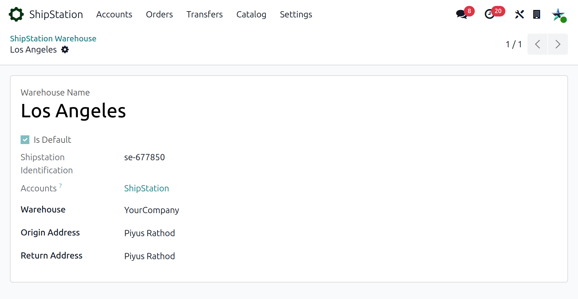 Warehouse form with Origin Address and Return Address