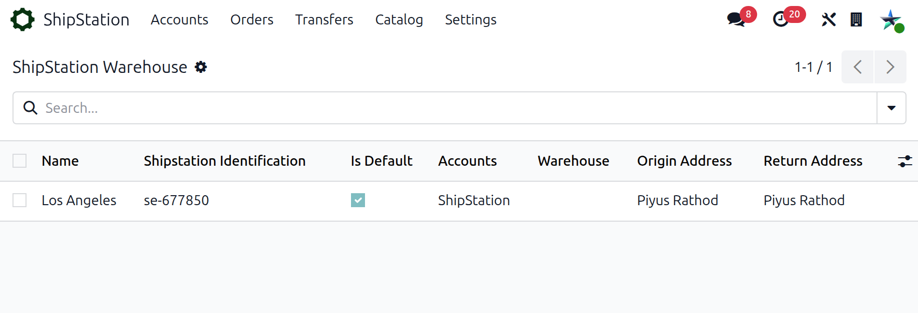 Imported warehouses list view