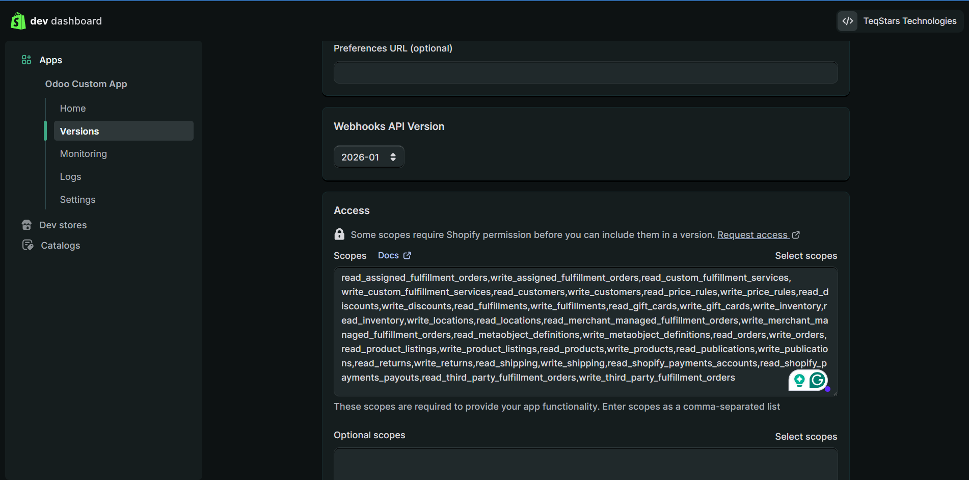 Shopify Admin API Scopes Selection