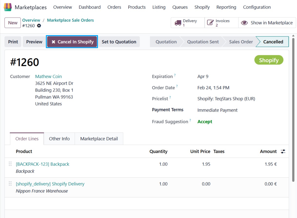 Cancel In Shopify button