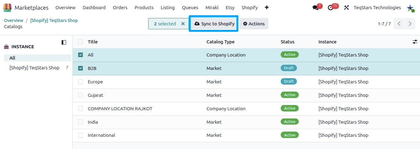 Catalog List Sync to Shopify Button