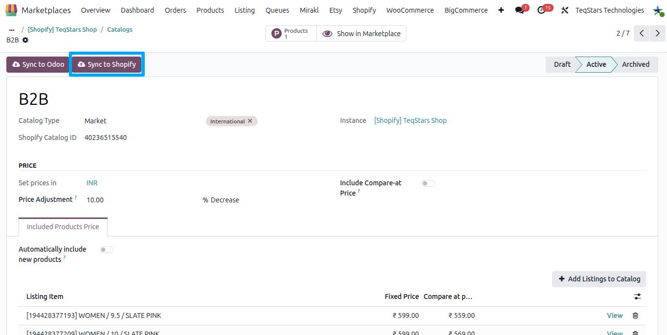 Catalog Sync to Shopify Button