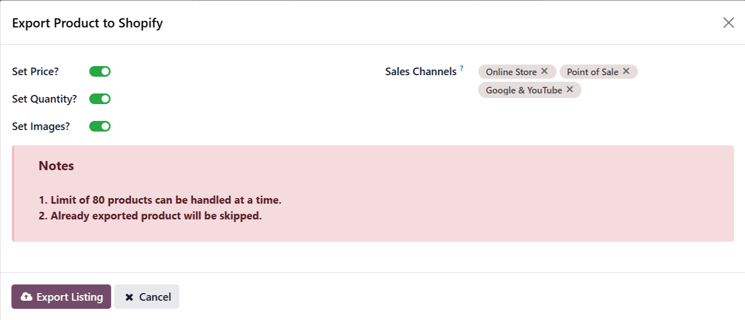Export Listing Option Popup