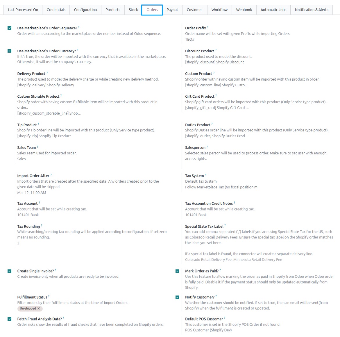 Orders Configurations