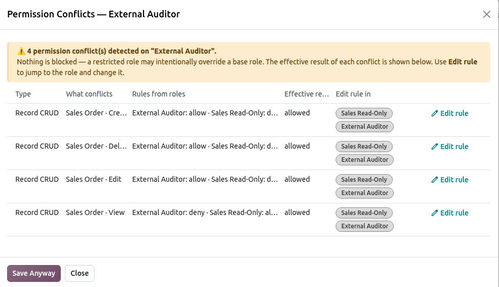 the conflict warning that opens when a role is saved, showing the Summary and the list of Conflicts