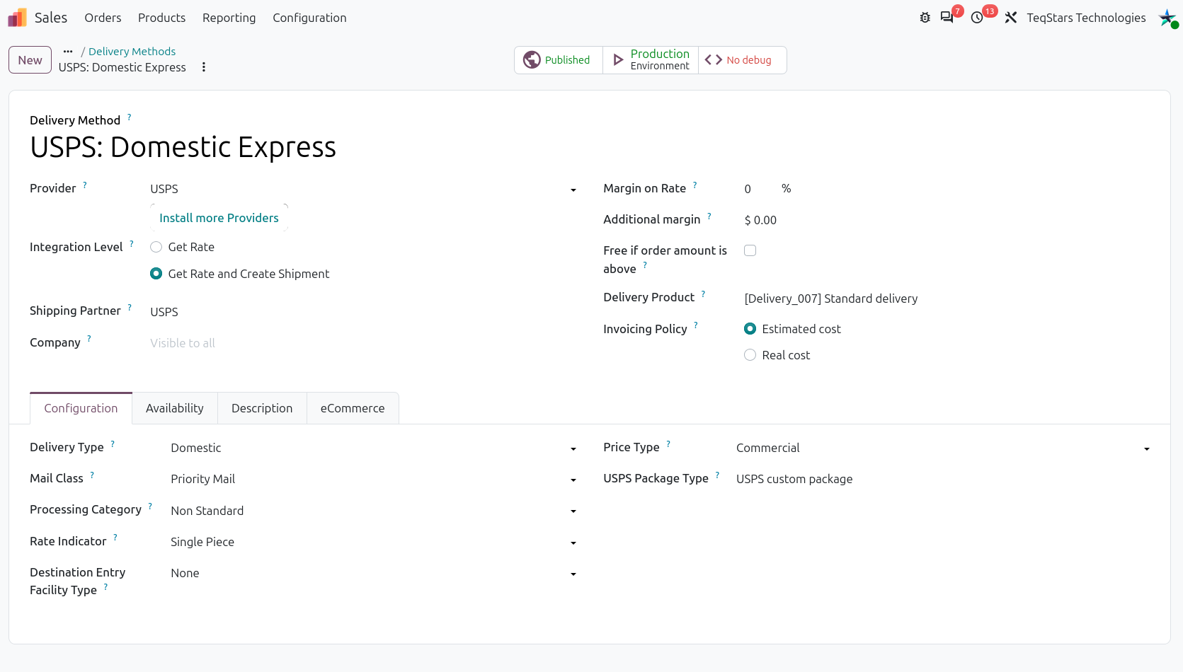 USPS Delivery Method Configration