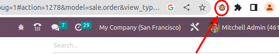 View of Odoo's debug icon in a Google Chrome toolbar.