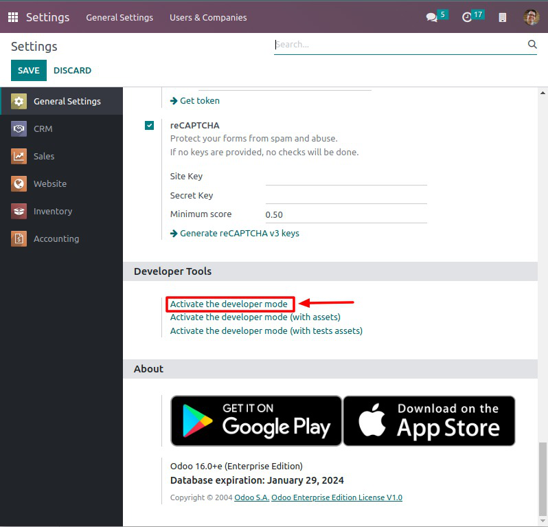 Overview of the debug options under settings in Odoo.